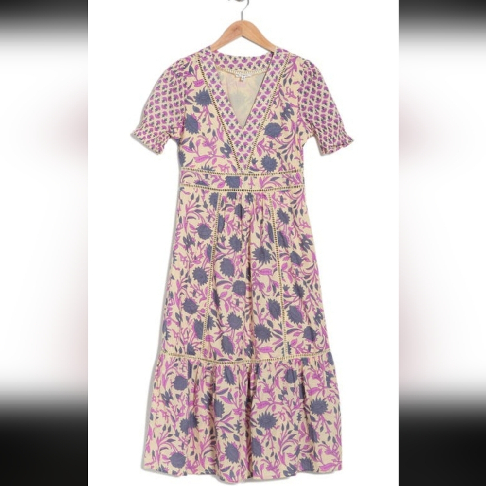 dRA Maisie Puff Sleeve Midi Dress With Crochet Trim In Ivory Floral V-neck NWOT